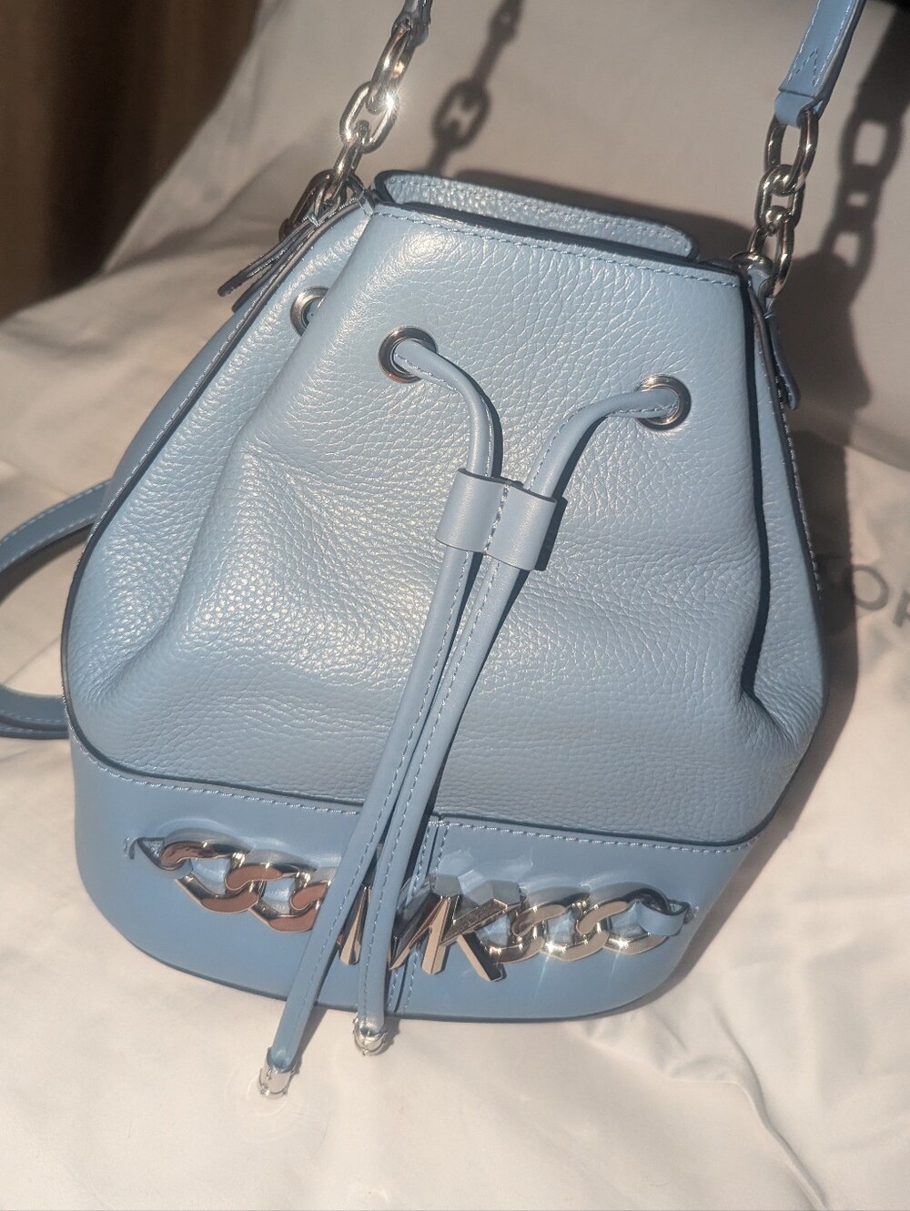 Michael Kors Devon Blue Leather Drawstring Bucket Bag With Silver Hardware - Picture 5 of 12